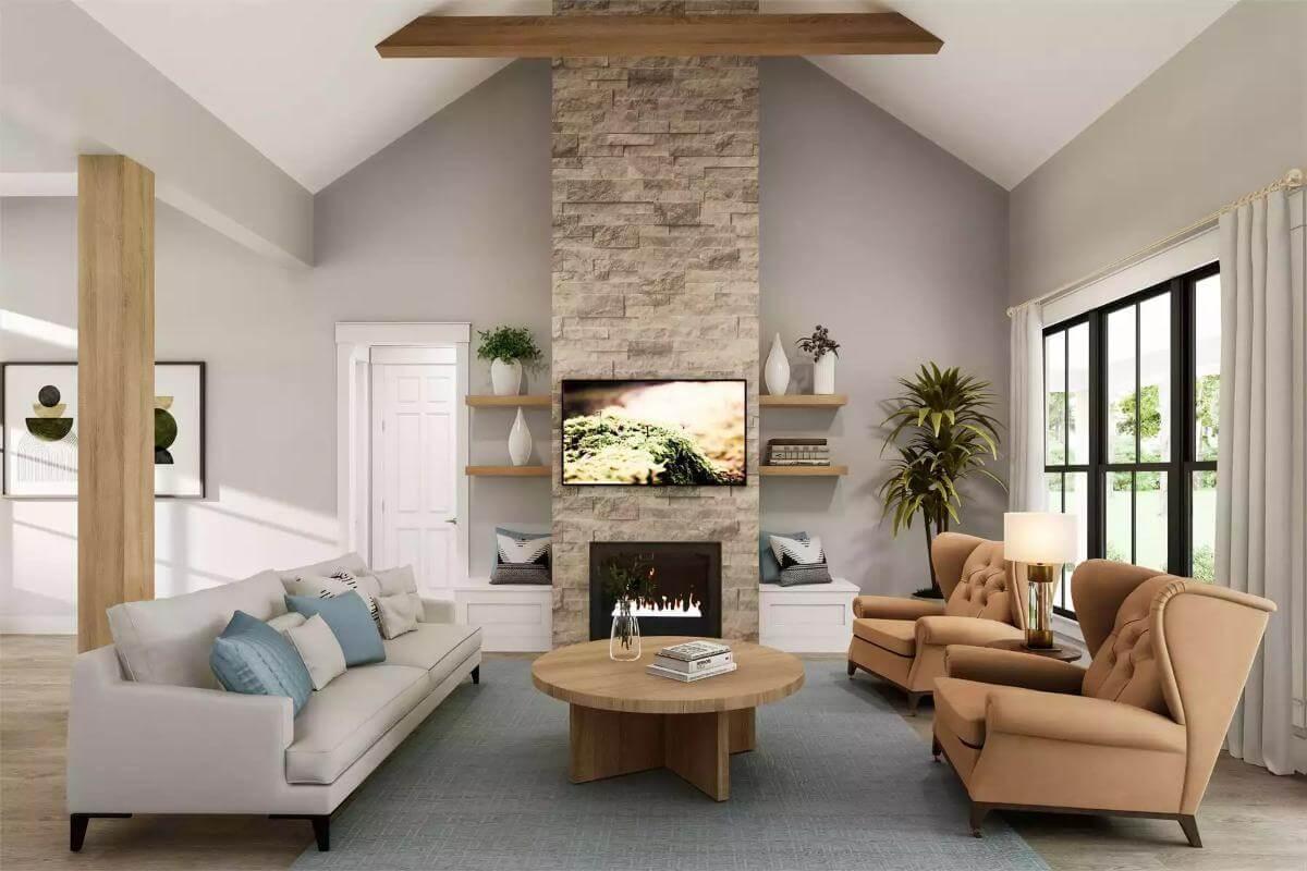 Vibrant Living Room with a Striking Stone Fireplace