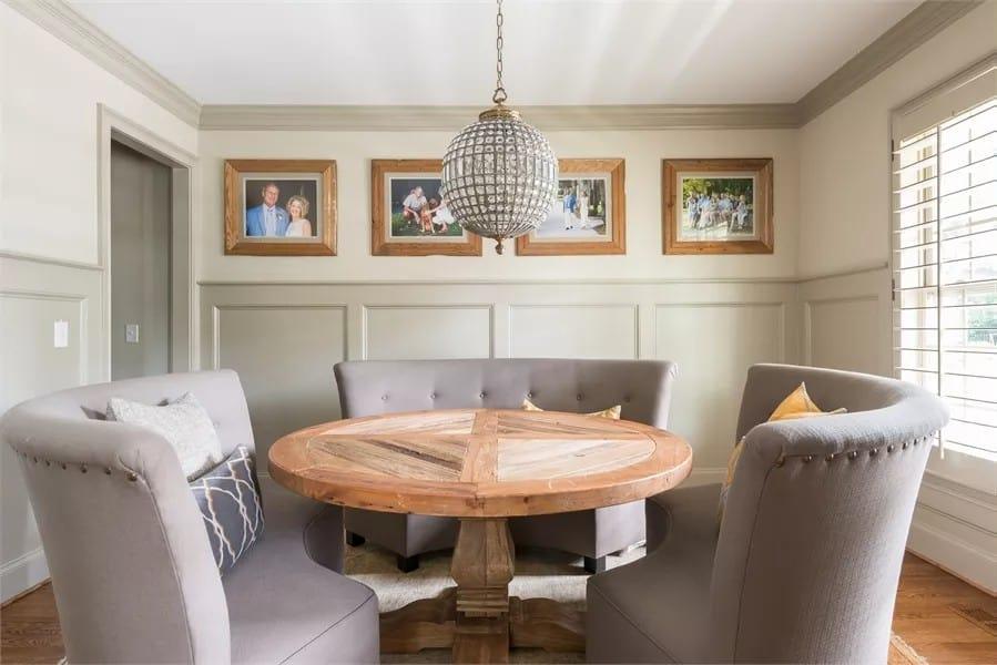 Nod to Rustic Sophistication With That Crystal Chandelier in the Dining Nook