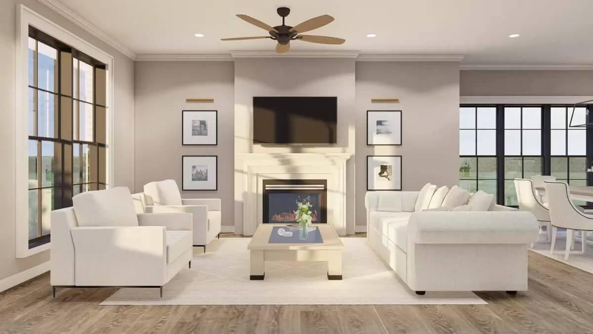 Modern Living Room with Pristine White Seating and Subtle Art