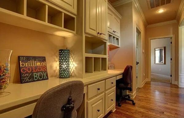 Home Office Nook with Built-In Desk and Display Shelves