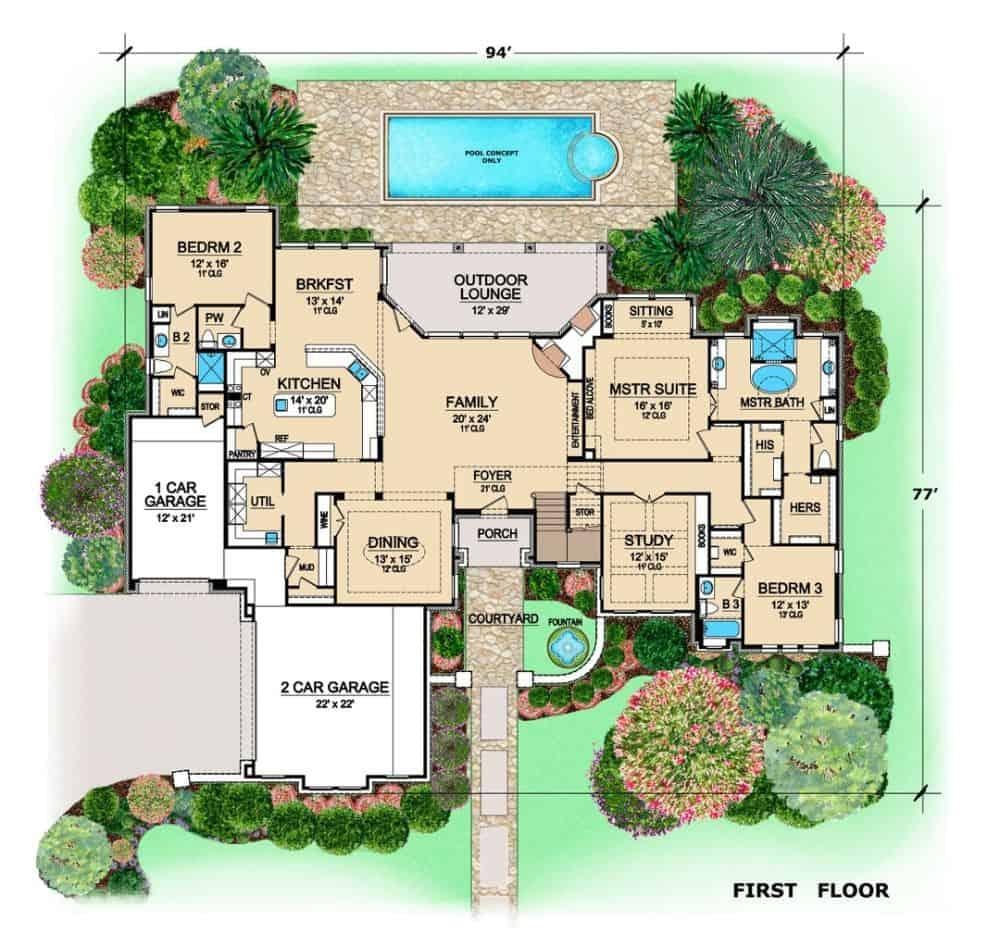 Spacious First Floor with Courtyard Fountain and Outdoor Lounge