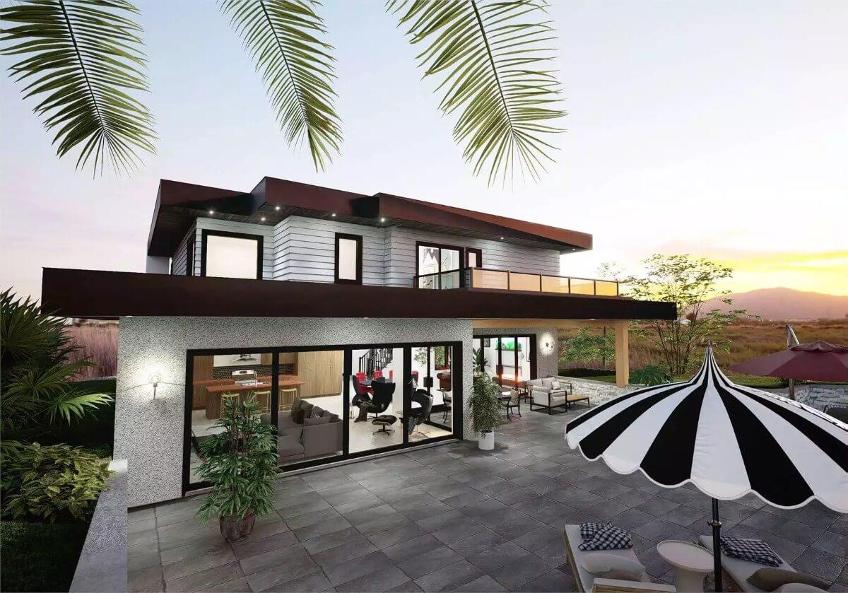 Admire the Sleek Overhangs and Expansive Patio in This Modern Home
