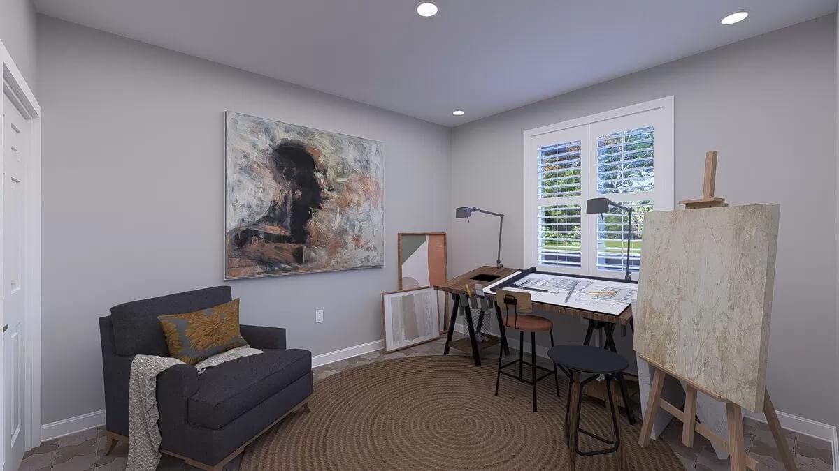 Art Studio Oasis with a Large Canvas and Cozy Chair