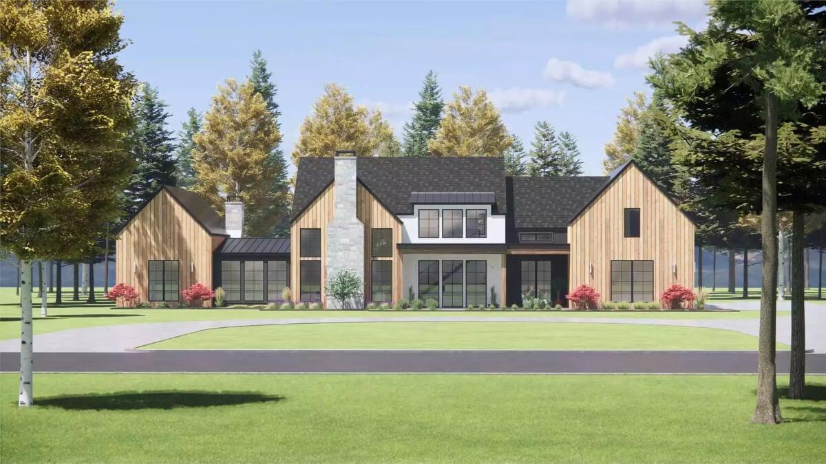 Modern Farmhouse with Striking Stone Chimney as the Centerpiece