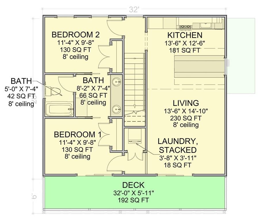 Efficient Two-Bedroom Layout with a Handy Stacked Laundry Area