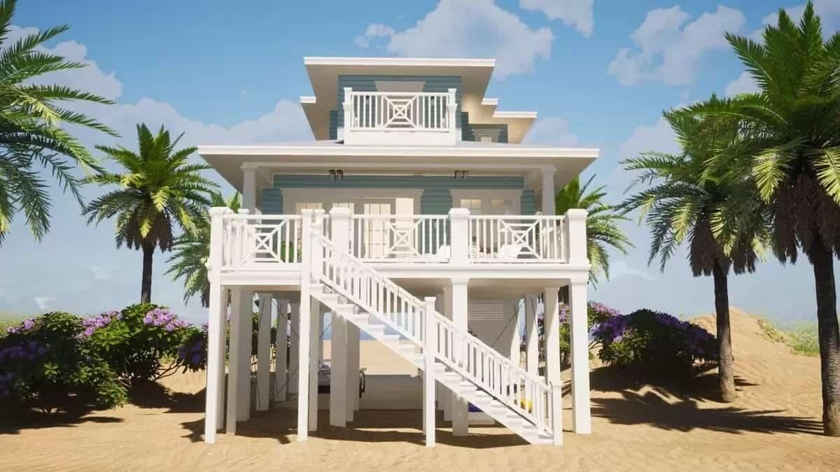 Elevated Beach House with Elegant Railings and Palm Tree Views