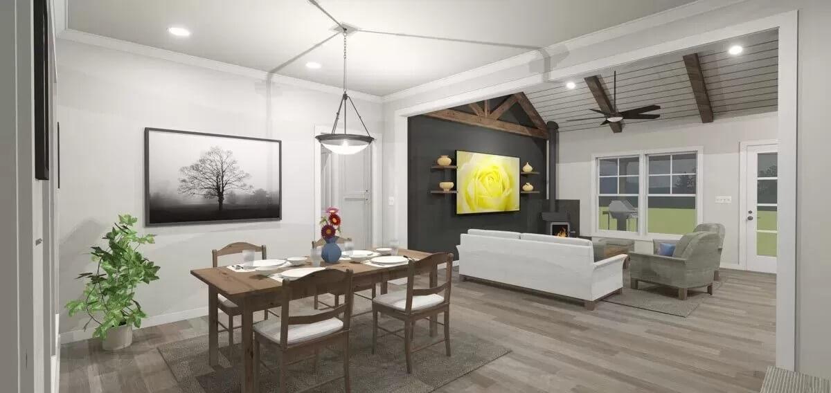 Dining Area Flowing into a Cozy Living Room with Exposed Beams