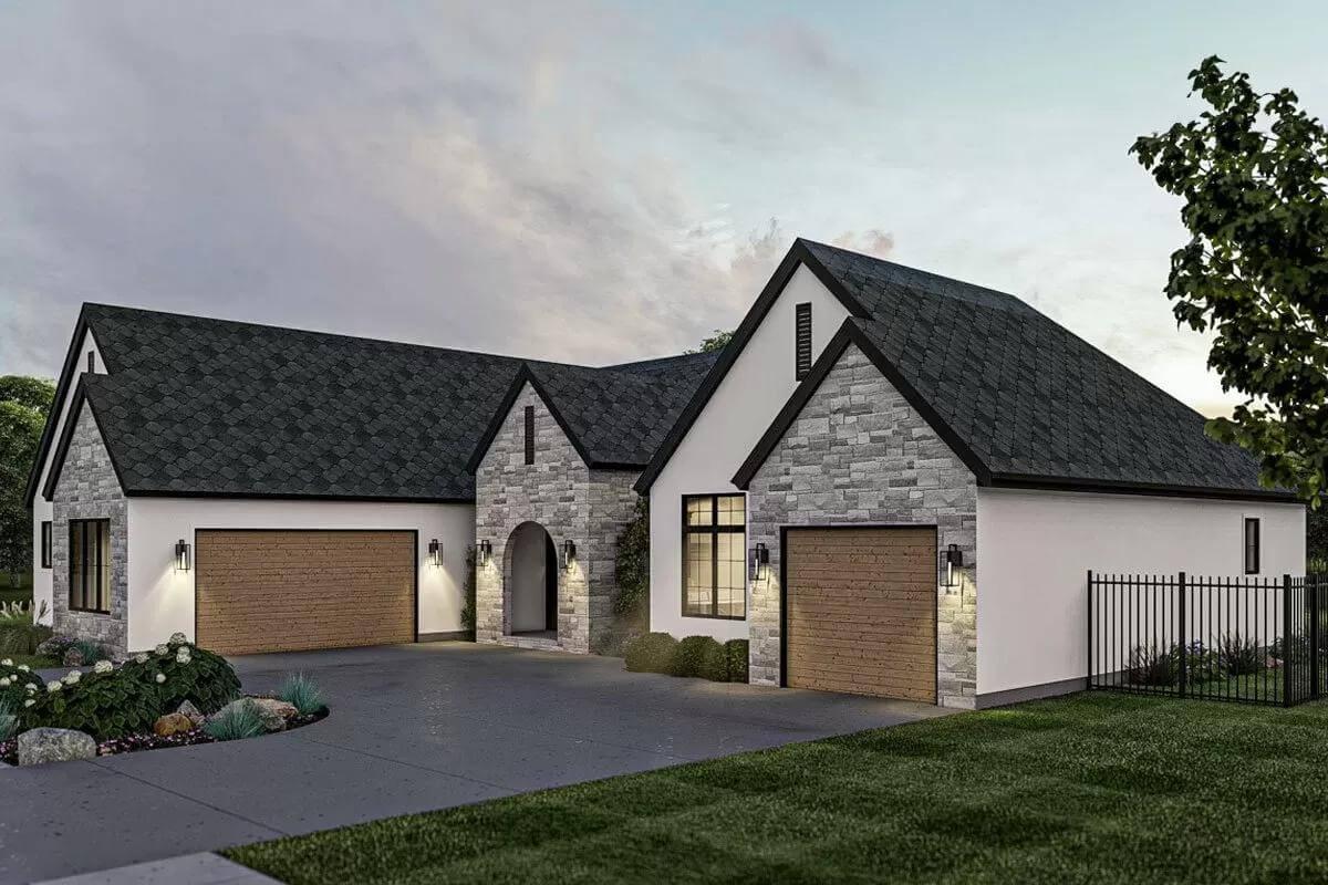 Check Out This Facade With Dual Wooden Garage Doors