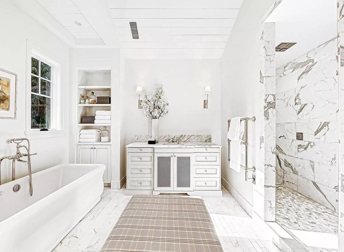 Wow, Look at the Marble Detailing and Freestanding Tub in This Bathroom Sanctuary