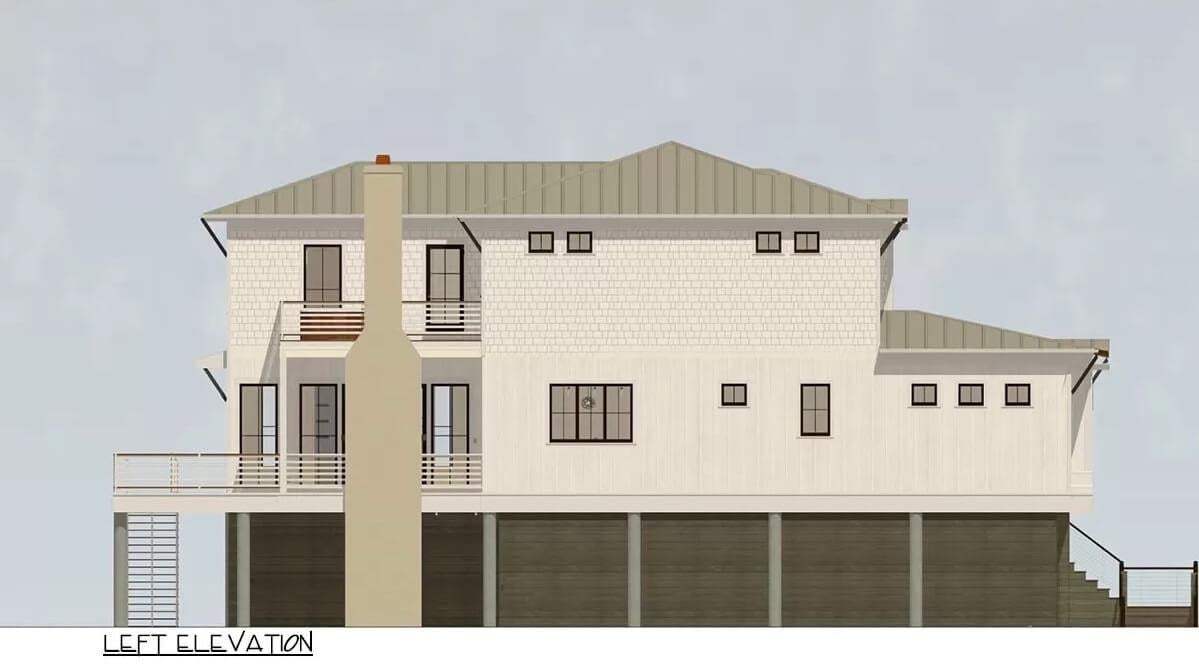 Stone Chimney Stands Tall on This Elevated Craftsman Side Elevation