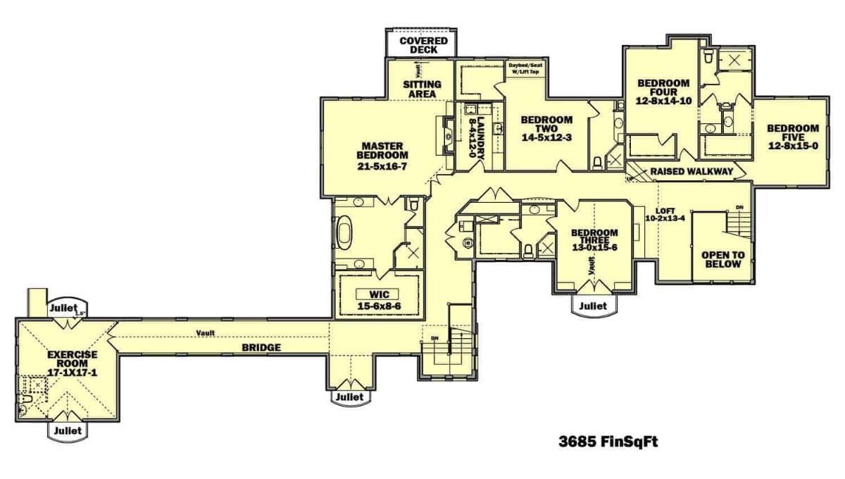 Explore the Spacious 5-Bedroom Floor Plan with a Unique Bridge