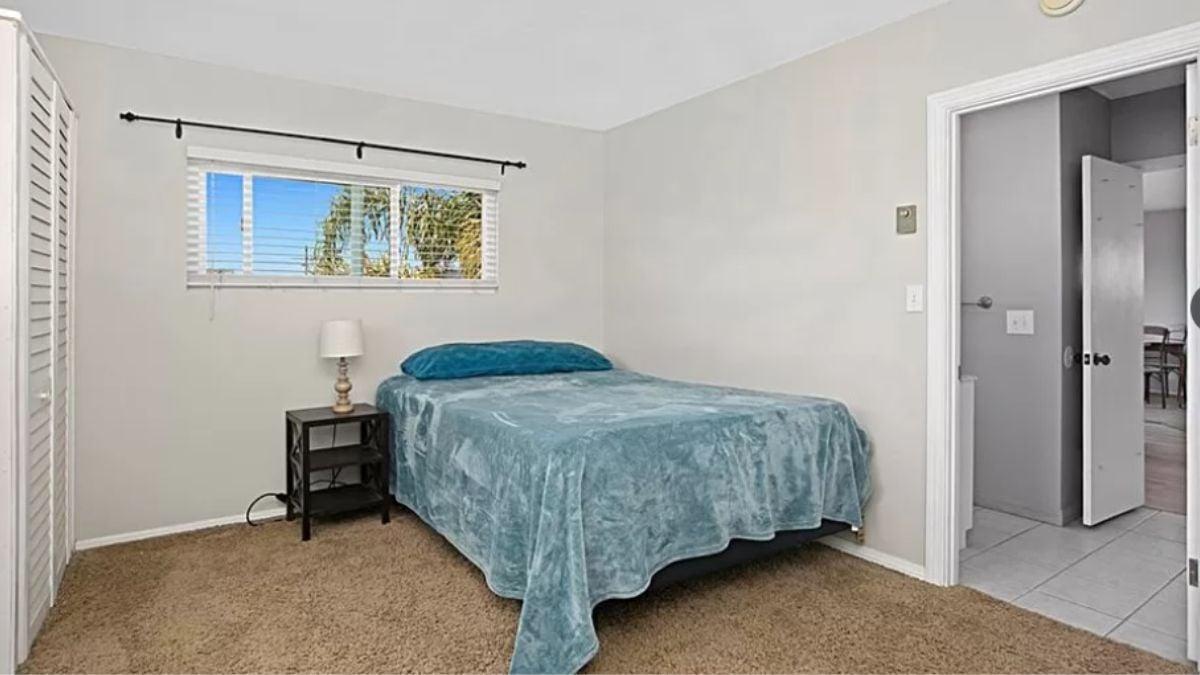 Minimalist Bedroom with a Pop of Blue and Outdoor Views