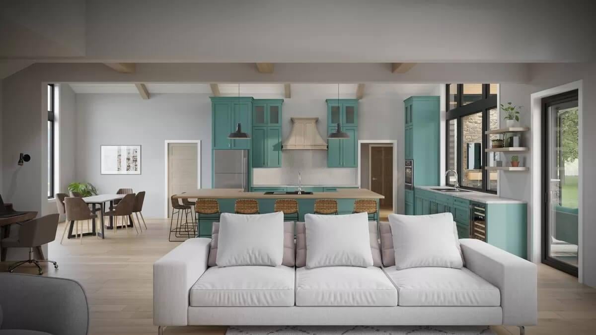 Notice the Bold Teal Cabinets in This Open-Concept Kitchen