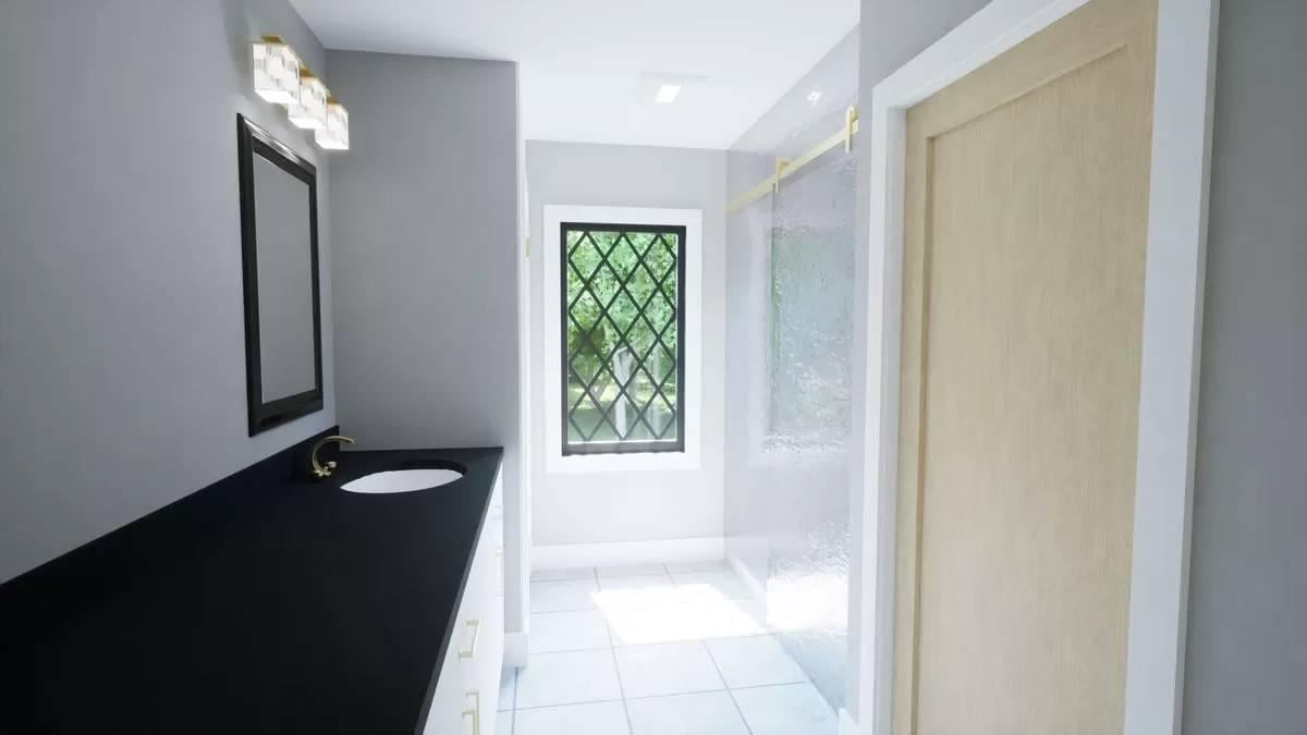 Admire the Contrast of Dark Vanity and Lattice Window in This Simple Bathroom