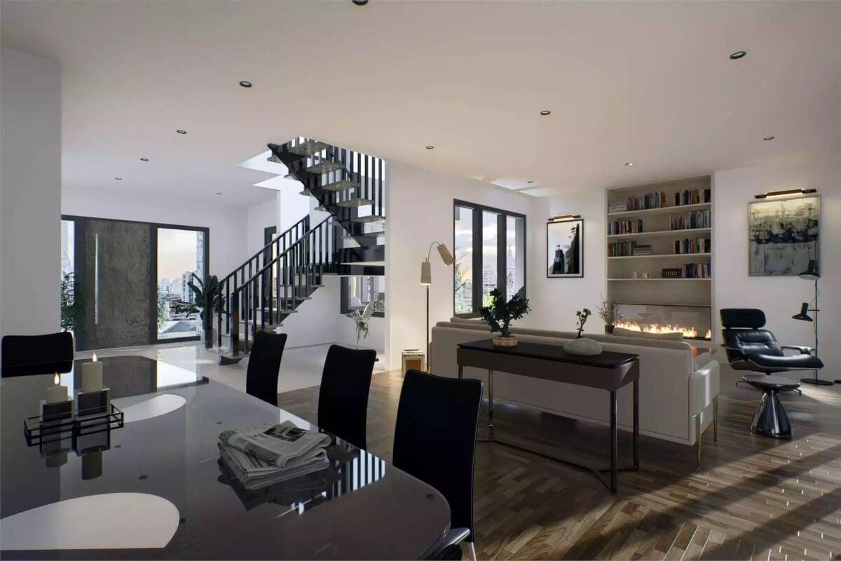 Check Out the Sleek Staircase and Ambient Fireplace in This Modern Living Space