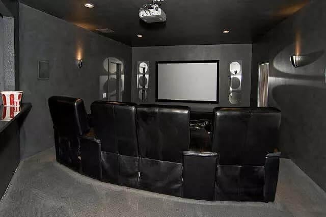 Immersive Dark-Themed Home Theater with Plush Seating