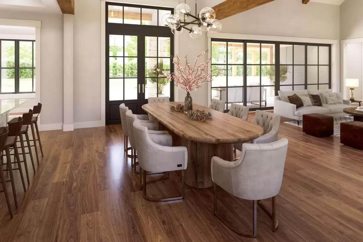 Warm Dining Area with an Oversized Rustic Wood Table and Modern Touches