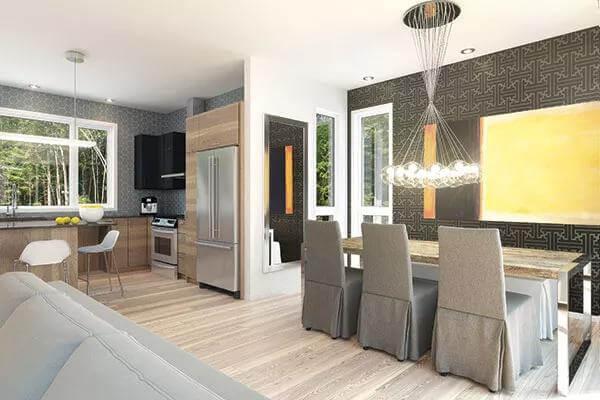 Notice the Eye-Catching Graphic Wallpaper and Modern Light Fixture