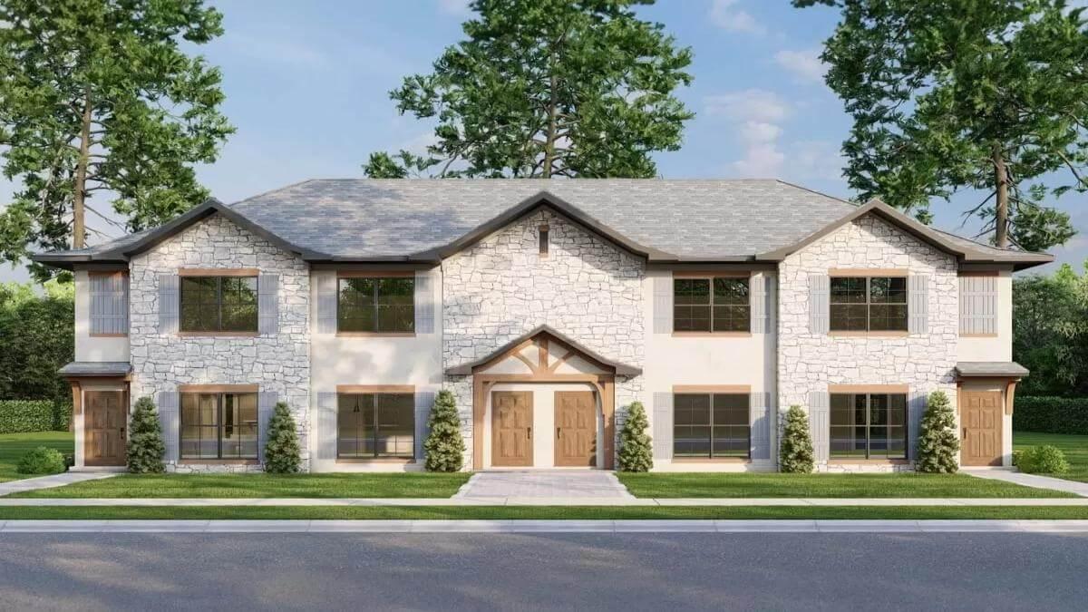 Dual Entryways Flanked by Stone and Symmetry