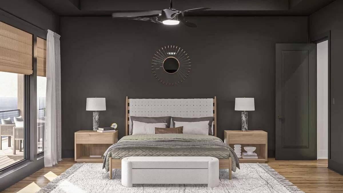 Sophisticated Bedroom with Dark Walls and a Touch of Natural Light