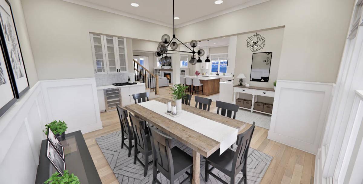 Rustic Dining Room with a Striking Light Fixture Overhead
