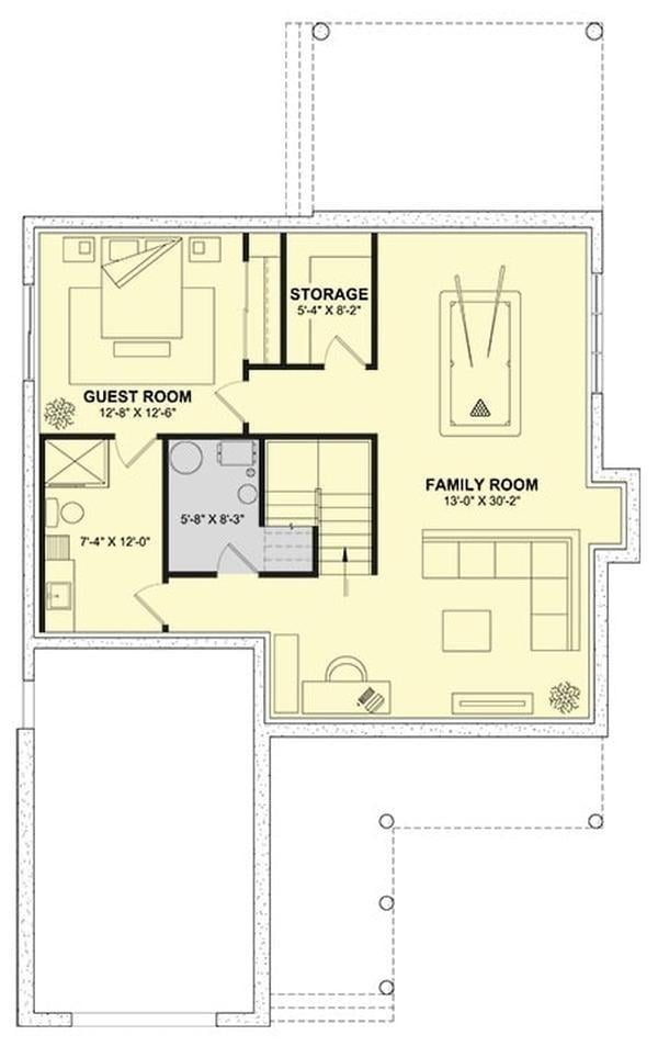 Basement Floor Plan with Expansive Family Room and Guest Accommodations