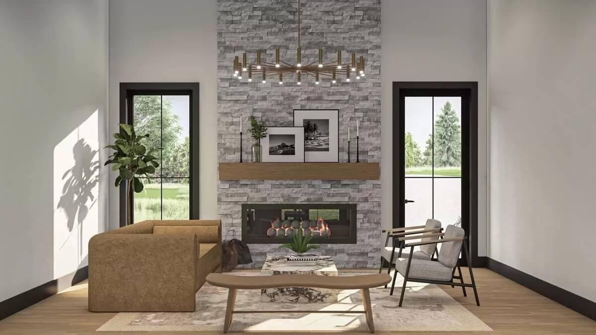 Love the Stone Fireplace as the Focal Point in This Sleek Living Room