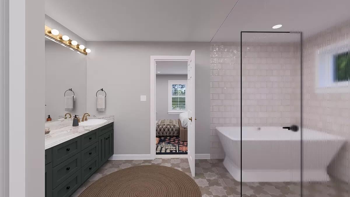 Notice the Vibrant Green Vanity in This Chic Bathroom Space