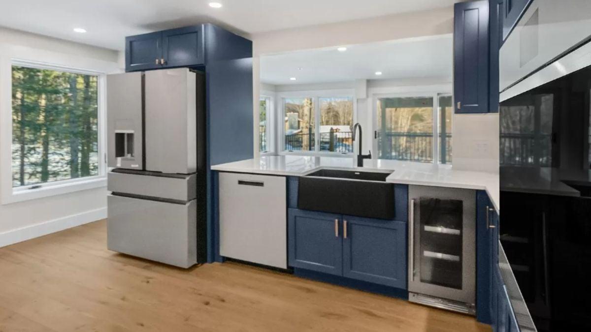 Notice the Bold Blue Cabinets in This Modern Kitchen Setup