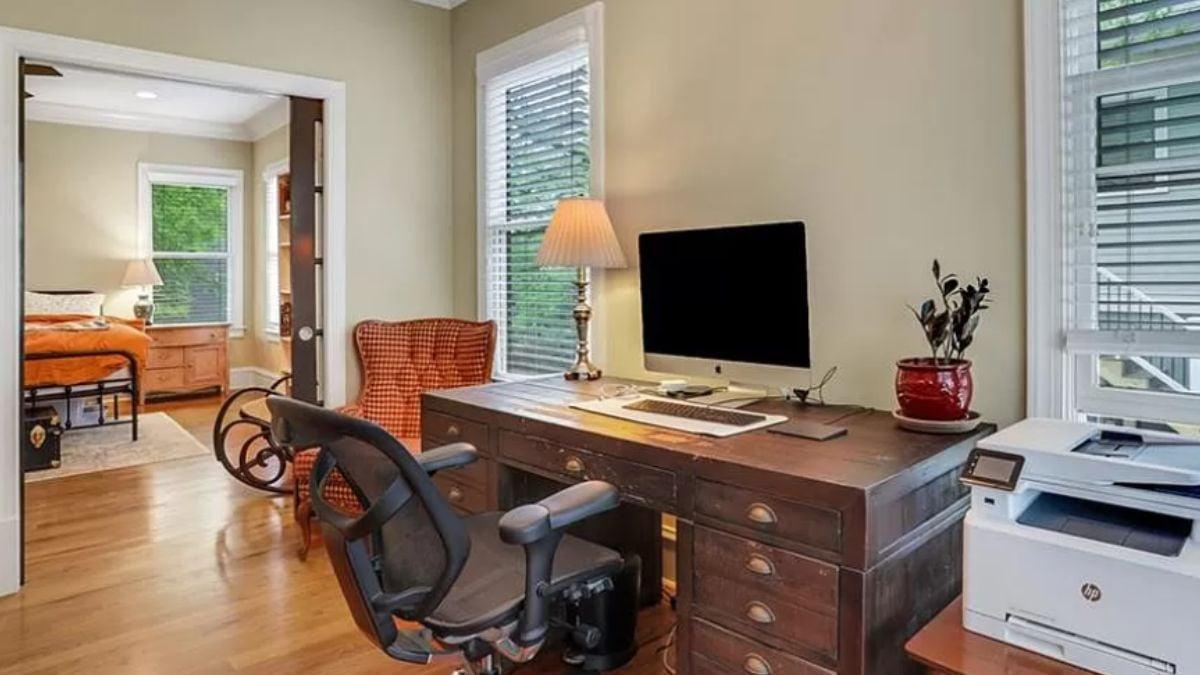 Cozy Home Office with a Rustic Desk and Splashes of Color