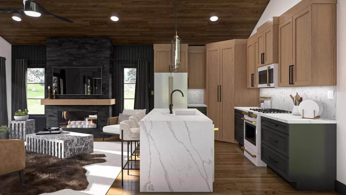 Striking Kitchen Island with Waterfall Countertops
