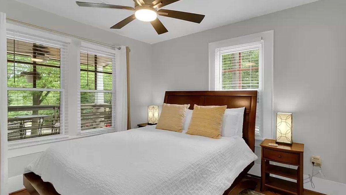Craftsman Bedroom with a View and Contemporary Ceiling Fan