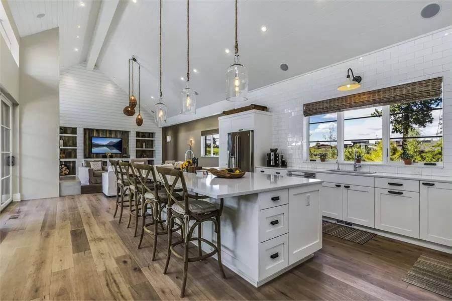 Wow, Check Out the Vaulted Ceiling and Open Shelving in This Kitchen