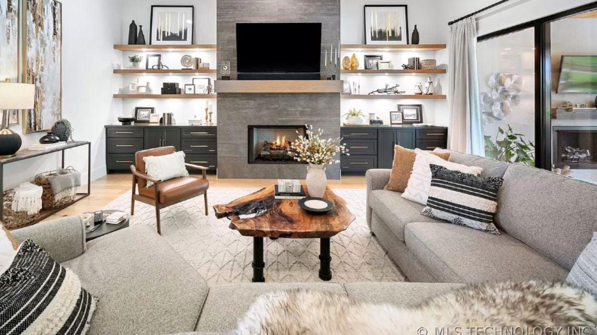 Living Room with a Captivating Live-Edge Coffee Table and Shelving Display