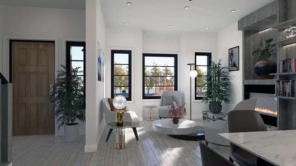 Modern Living Room with Bold Black Framed Windows
