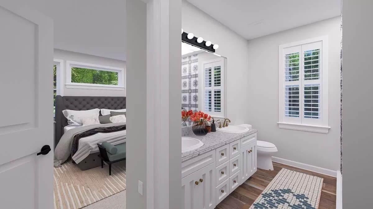 Smart Dual-Vanity Bathroom with a View into the Tranquil Bedroom