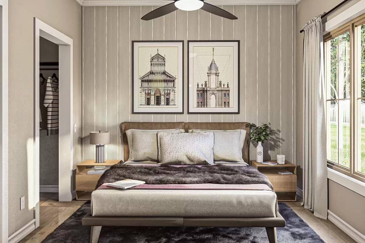 Warm Bedroom Vibe with Architectural Art Above the Bed