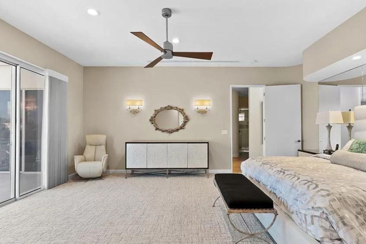 Notice the Modern Ceiling Fan in This Elegant Bedroom Retreat