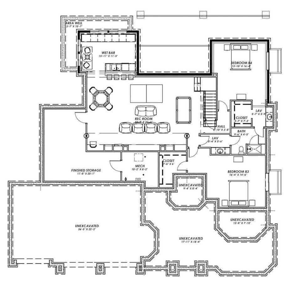 Explore This Basement Floor Plan with a Stylish Wet Bar