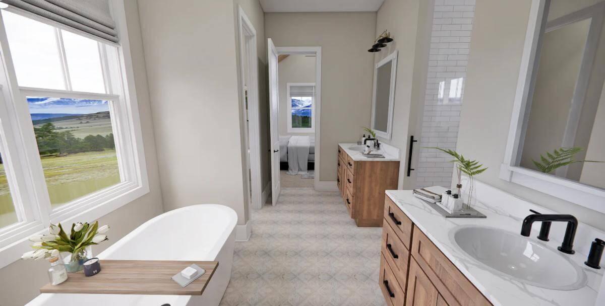 Elegant Bathroom with Dual Vanities and Scenic View
