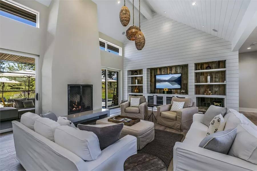 Vaulted Ceiling Living Room with a Modern Fireplace