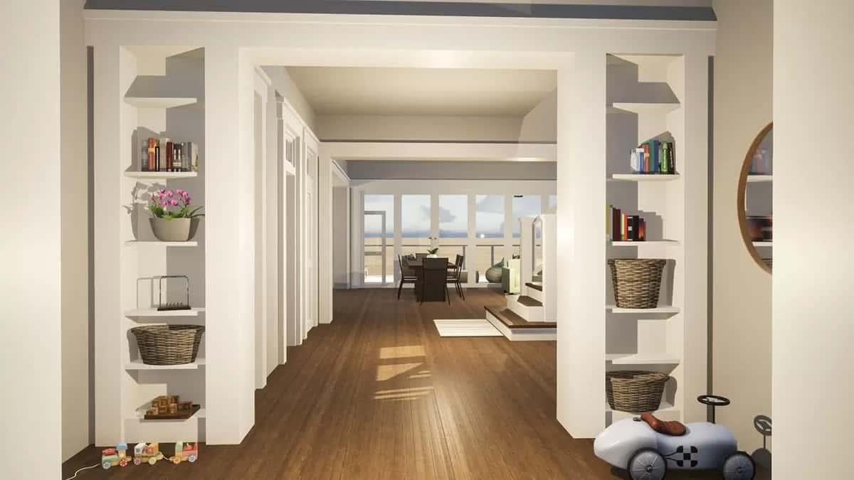 Check Out the Built-In Shelving in This Open Craftsman Hallway