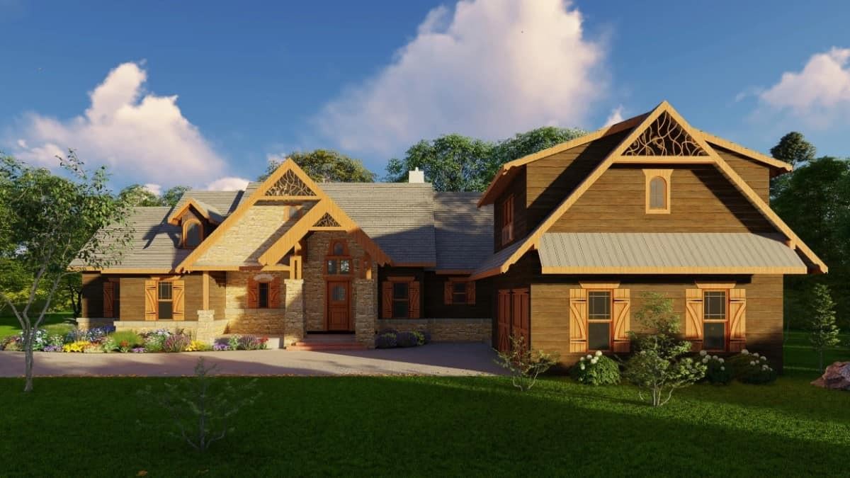 Charming Timber and Stone Exterior with Intricate Gable Details
