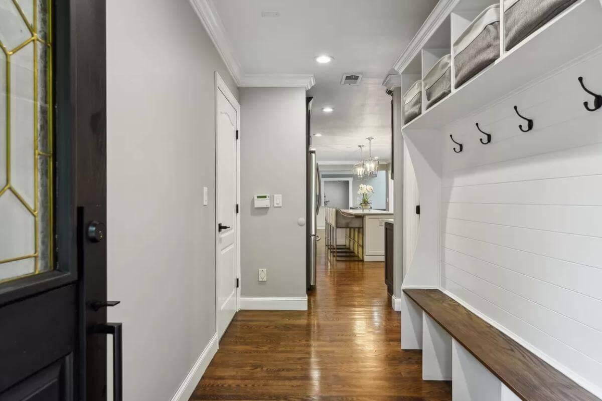 Notice the Practical Drop Zone with Built-in Bench and Hooks