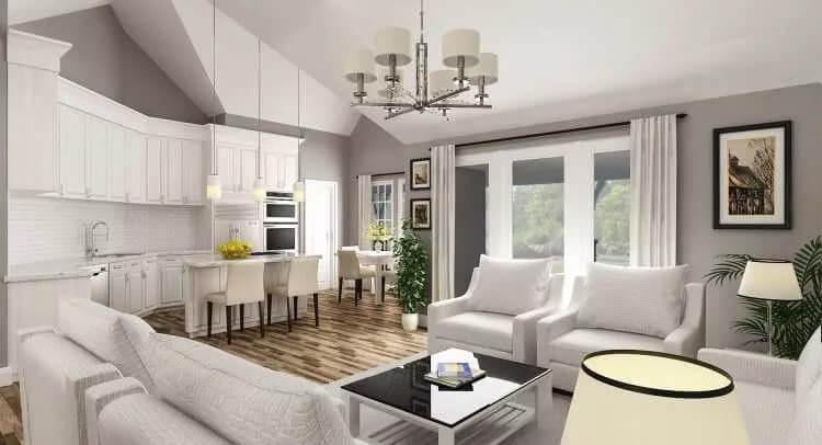 Elegant Open Living Space Featuring a Striking Chandelier