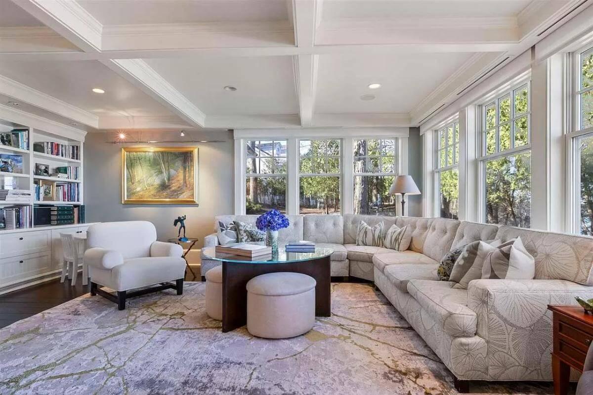 Enjoy the Light-Filled Living Room with an Elegant Coffered Ceiling