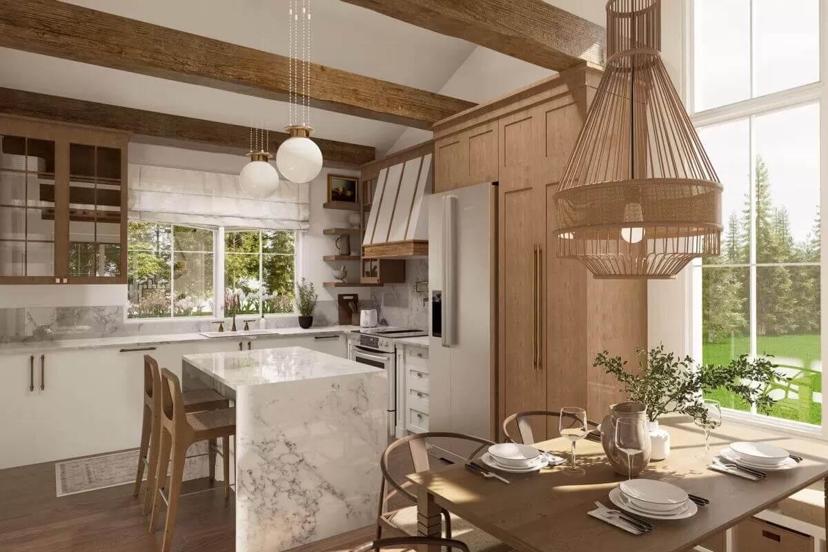Warm Kitchen with Eye-Catching Wooden Beams and Marble Island
