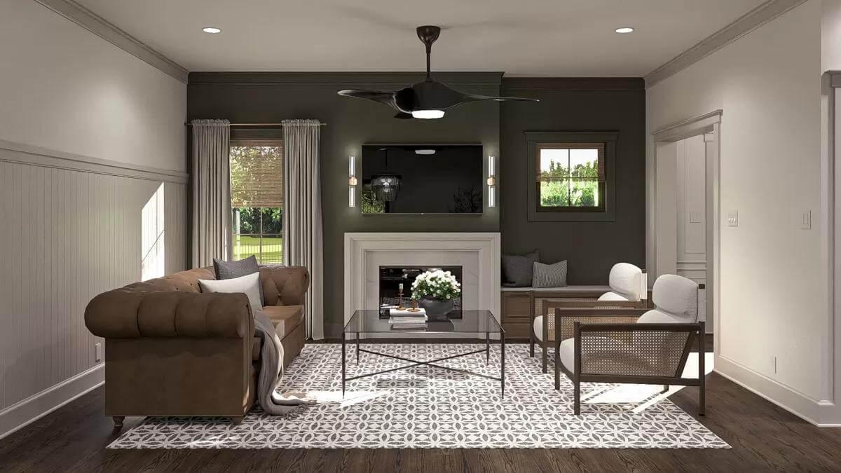 Craftsman Living Room with Fireplace and Modern Fan
