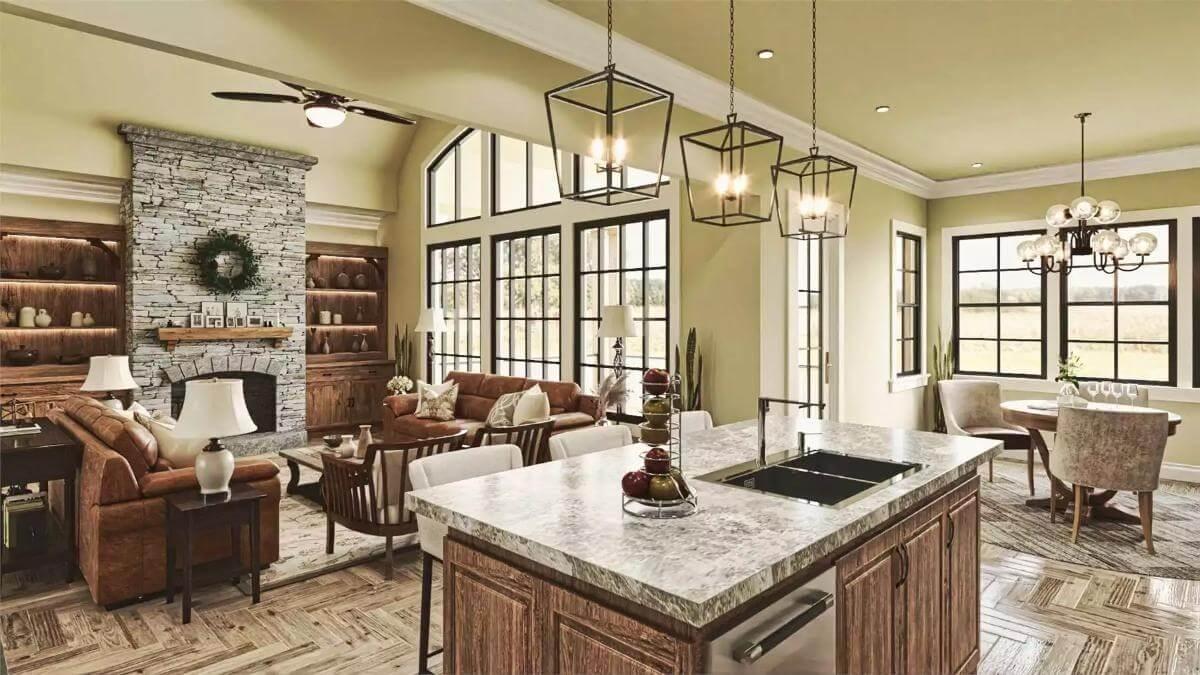 Admire the Stone Fireplace That Anchors This Open Living Space