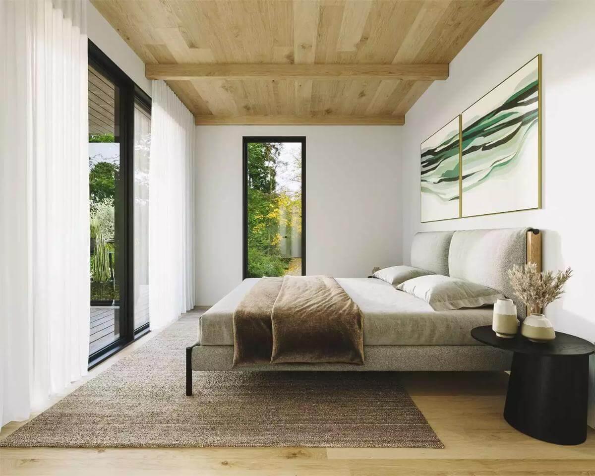 Tranquil Bedroom Retreat with a View and Natural Wood Ceiling